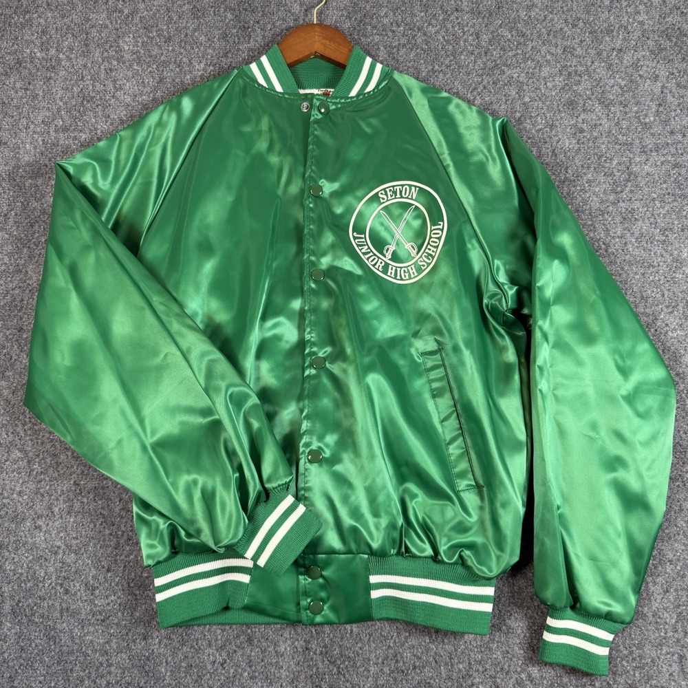 🟢 VTG Seton Junior High School Satin Jacket Medium Green Fordham USA 80s 90s